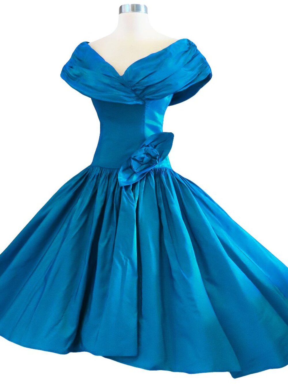 Vintage 80s Teal Blue Green Taffeta Midi Full Skirt Prom Gown Party Dress XS